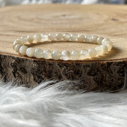 bracelet pierre de lune sur bois et tissu