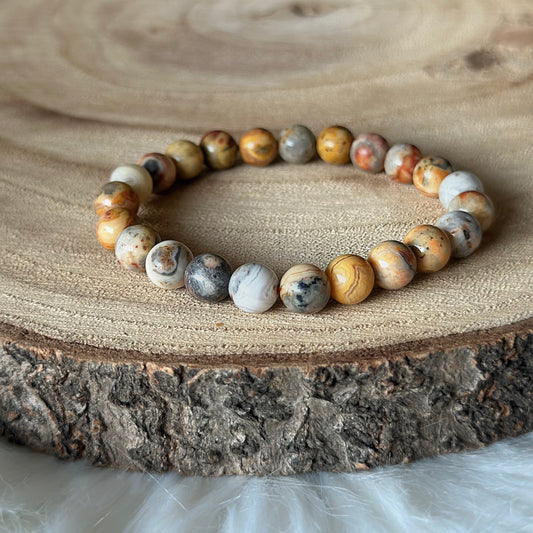 bracelet agate crazy lace sur bois et tissu