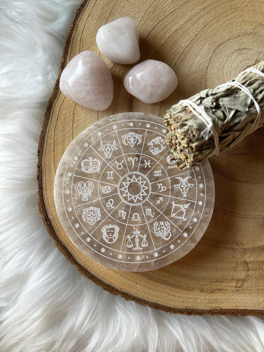 Plaque sélénite avec sauge et quartz rose