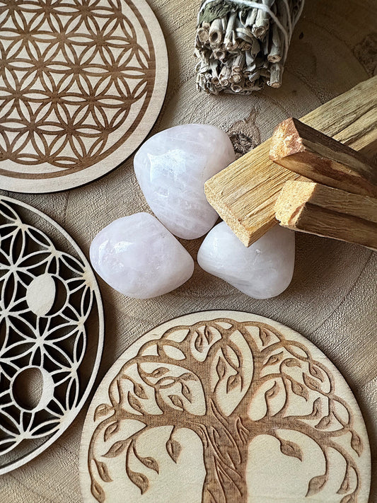 Plaques en bois de rechargement avec quartz rose et palo santo