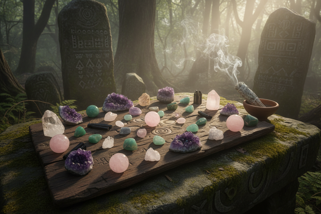 Géode et pierres lithotherapie sur table ancestrale 