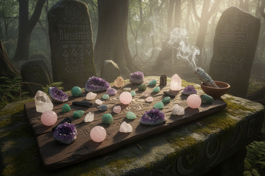 Géode et pierres lithotherapie sur table ancestrale 