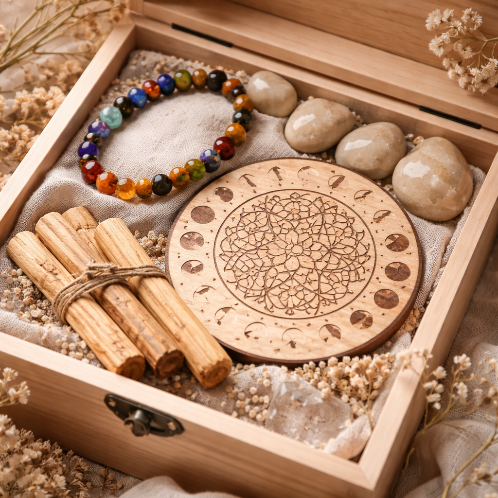 coffret plaque en bois, bracelet et palo santo 