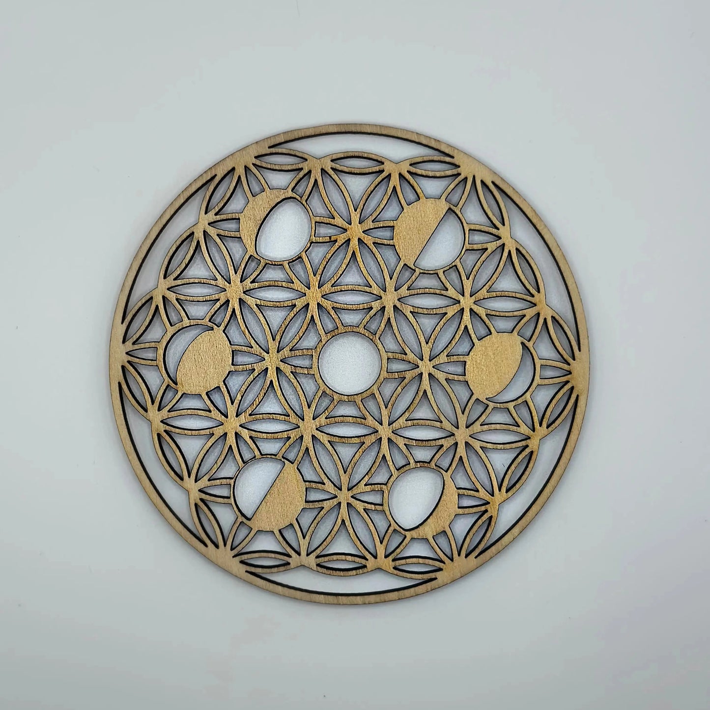 Plaque en bois fleur de vie avec phase lunaire