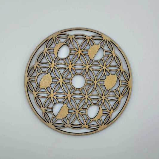Plaque en bois fleur de vie avec phase lunaire