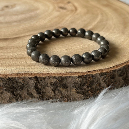 bracelet pyrite sur bois et tissu