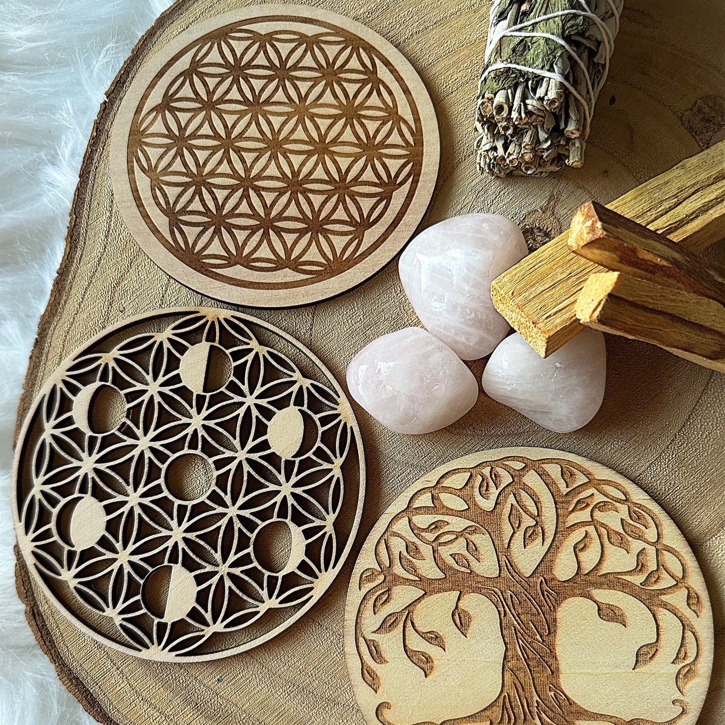 trio de 3 plaques en bois et pierres 