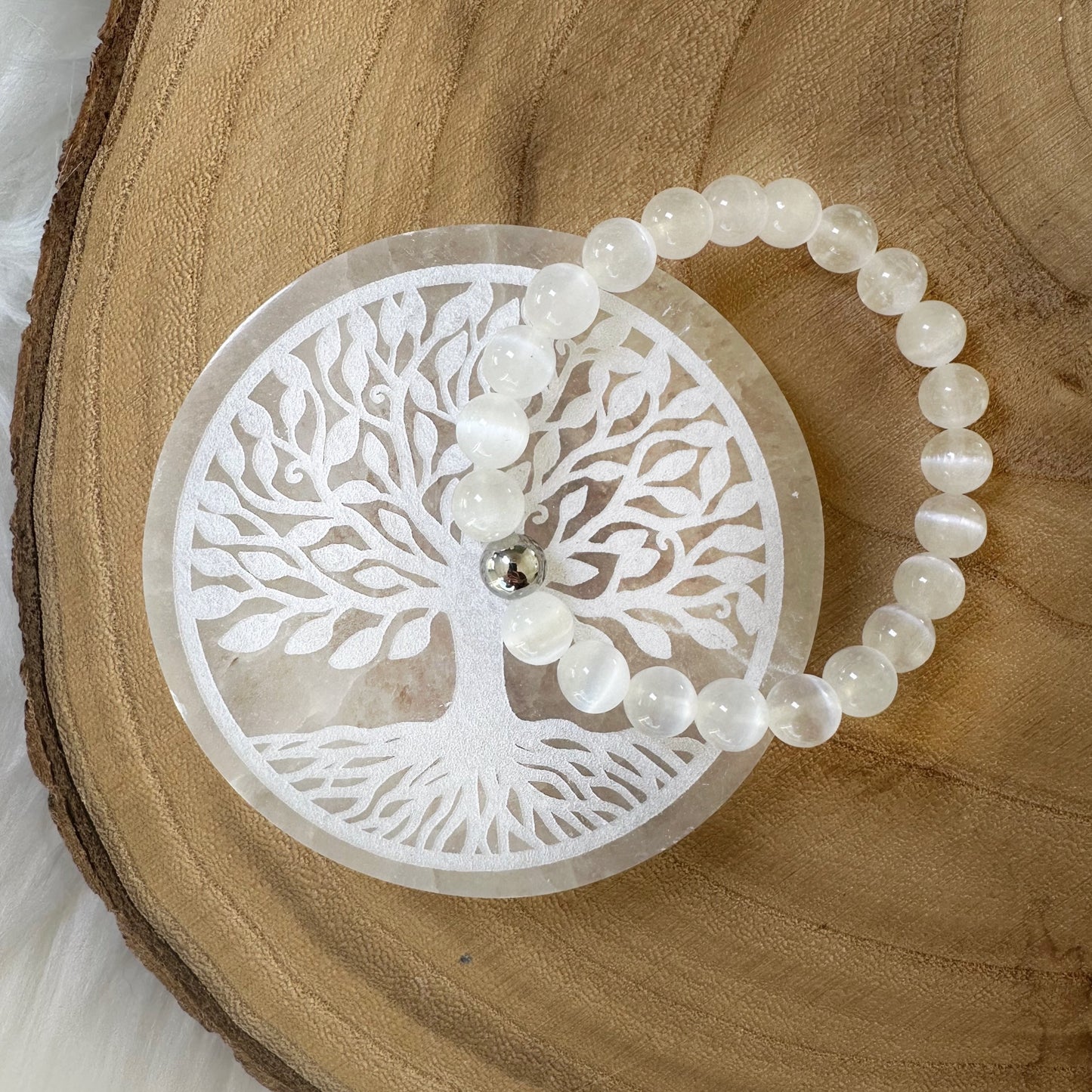 Plaque en sélénite arbre de vie sur bois avec bracelet quartz rose 