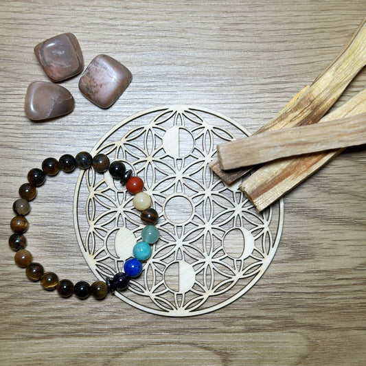 coffret sur bois avec bracelet plaque et pierres