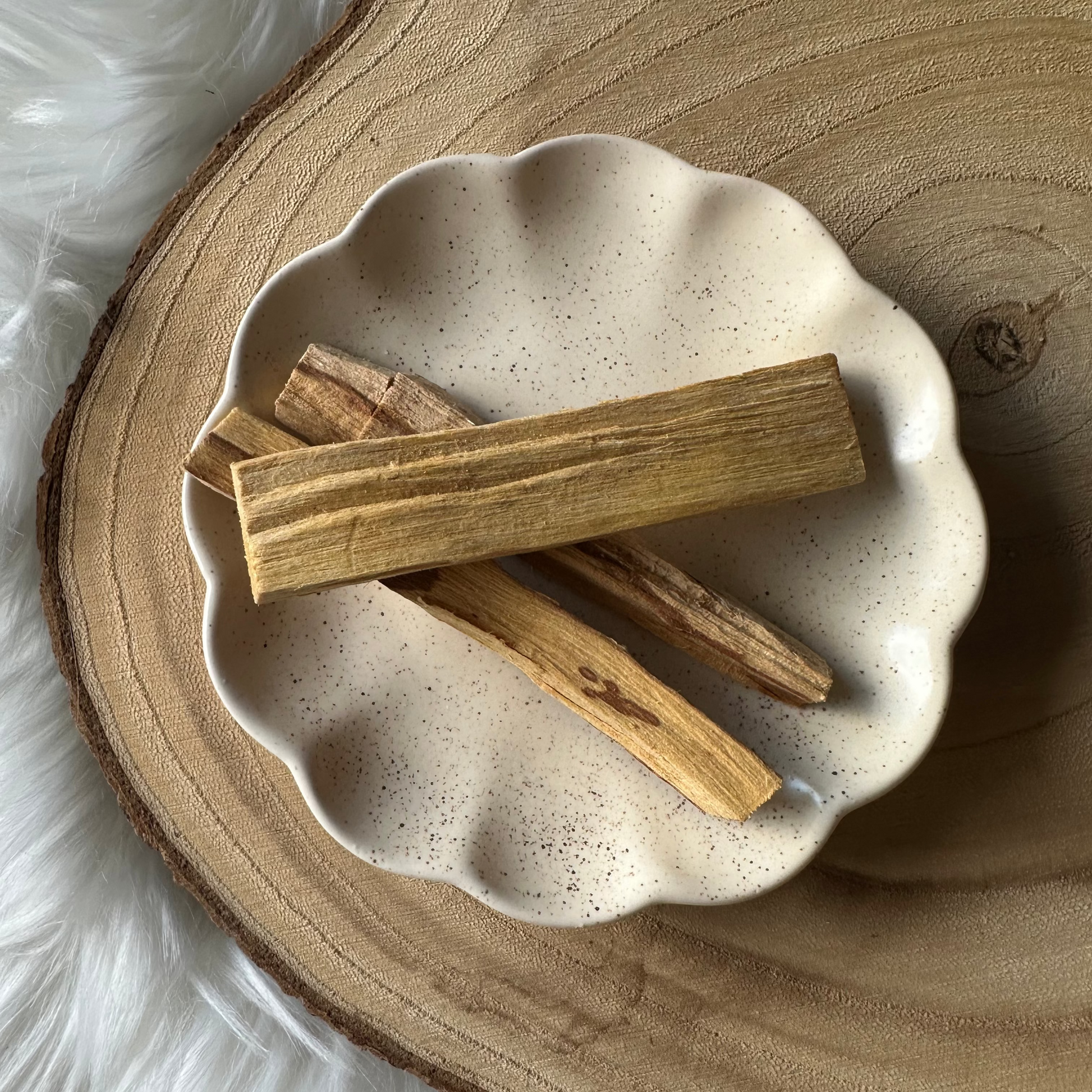 Lot de trois bâtons de Palo Santo sur coquillage et plaque en bois