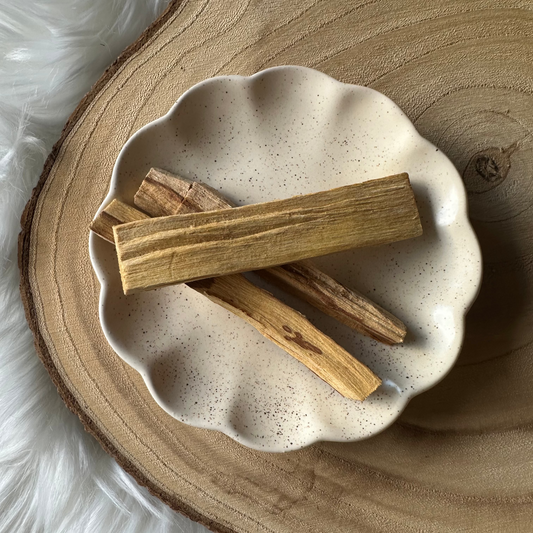 Lot de trois bâtons de Palo Santo sur coquillage et plaque en bois